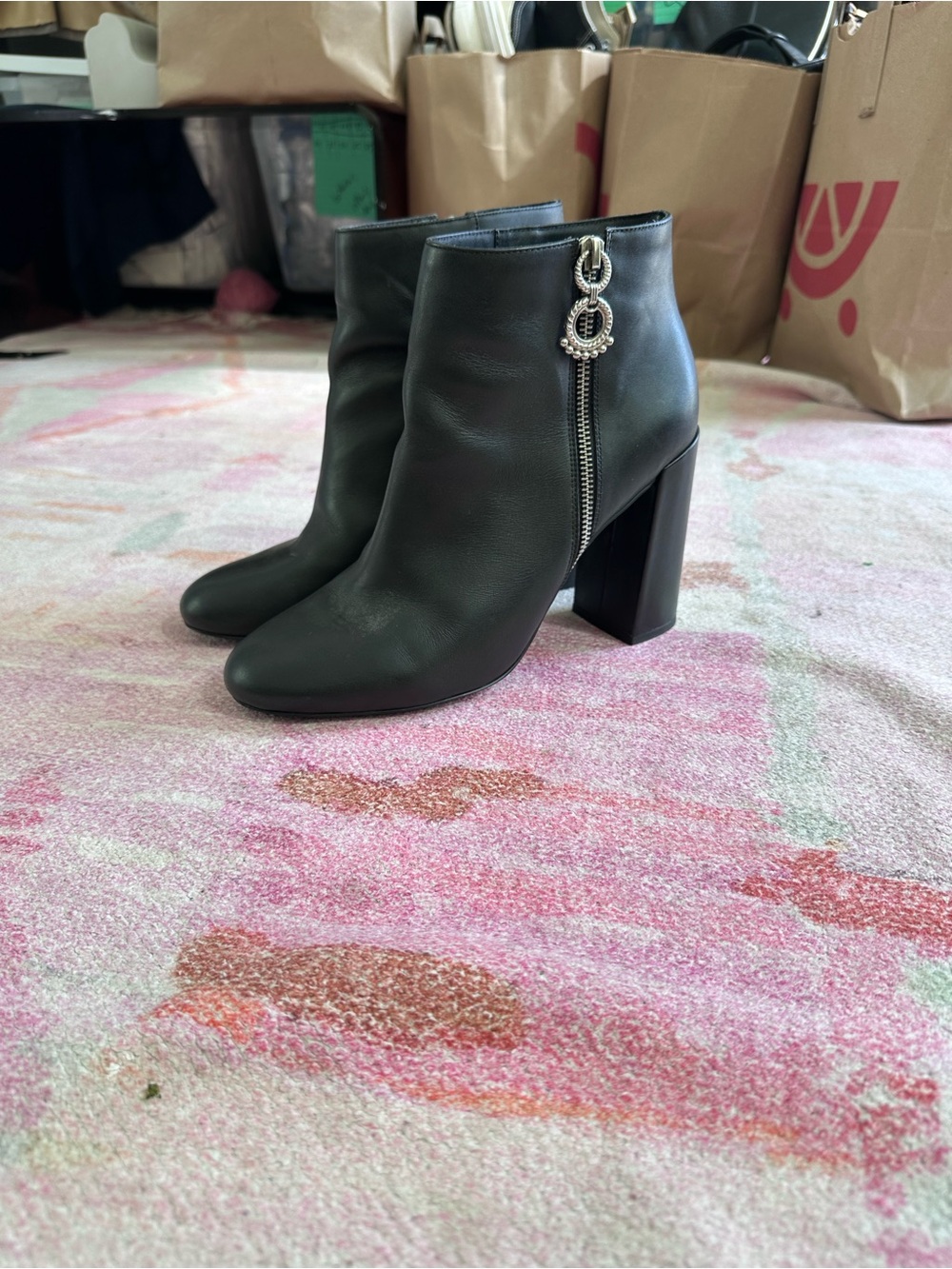 SENSO Black Leather Ankle Booties with Decorative Zip Charm